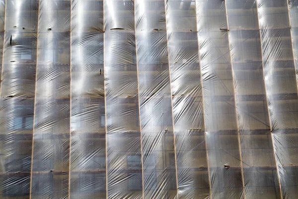 View Scaffolding Covered Protective Film Strong Wind Inflated Film Interior — Stock Photo, Image