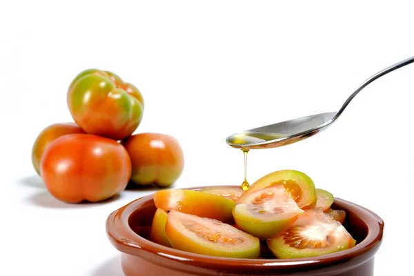 Salada de tomate com azeite extra virgem — Fotografia de Stock