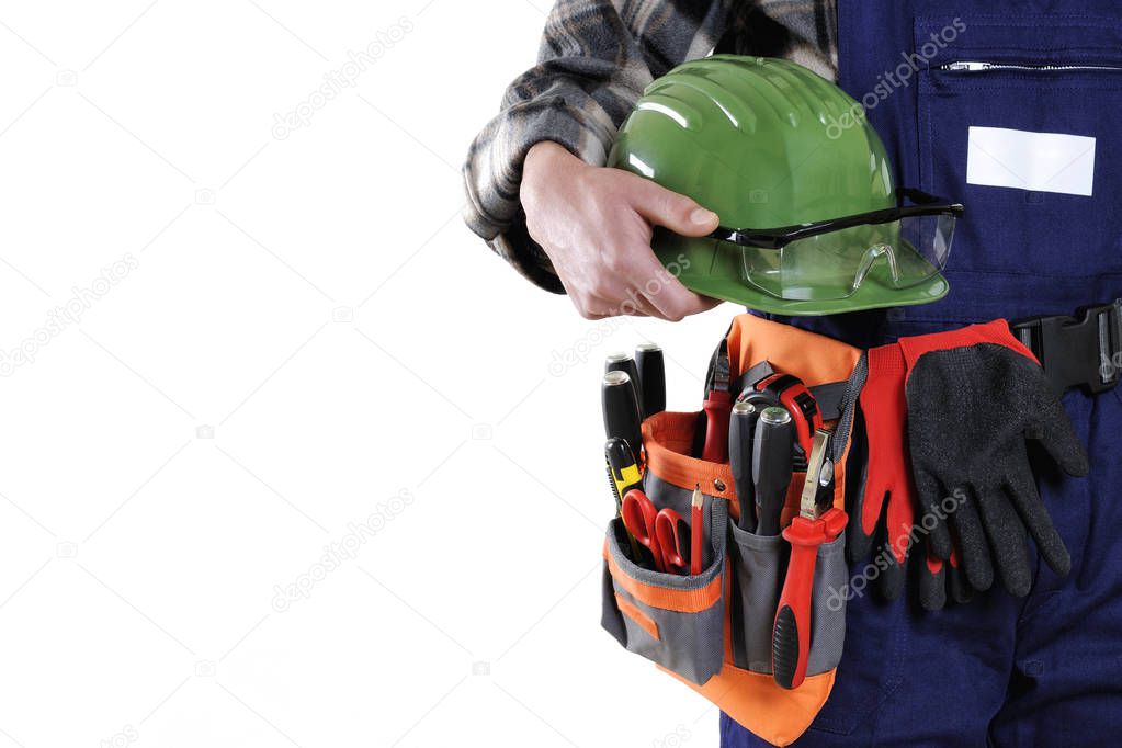 Young electrician technician in workwear isolated on white backg