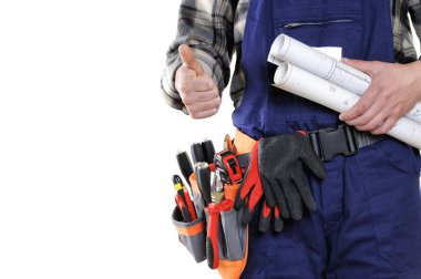 Genç Elektrikçi Teknisyen üzerinde beyaz backg izole iş giysisi içinde