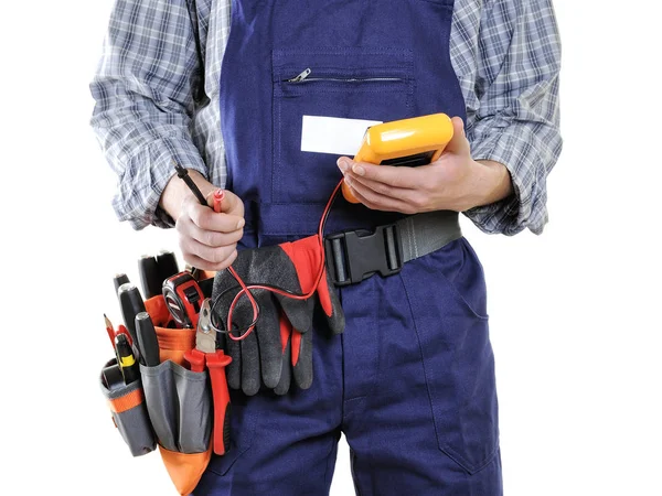 Mladý elektrikář technik v oblečení a pracovní nástroje, samostatný — Stock fotografie