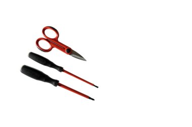 Elektrik Tesisatı, beyaz arka plan üzerinde izole iş araçları yukarıdan yakın çekim