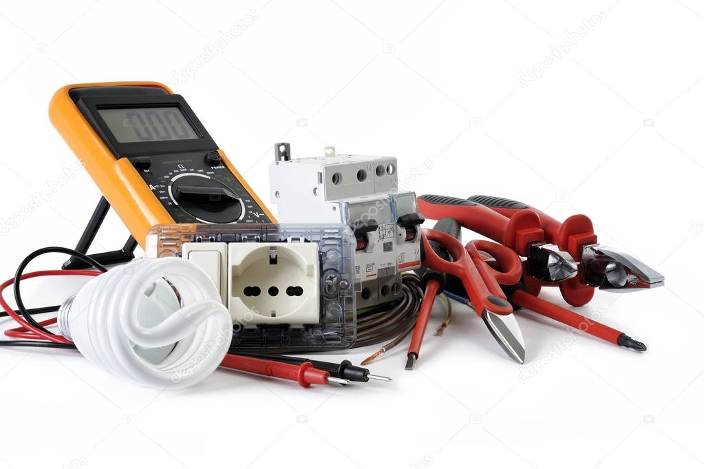 Close up of work tools and components for electrical installations, isolated on white background