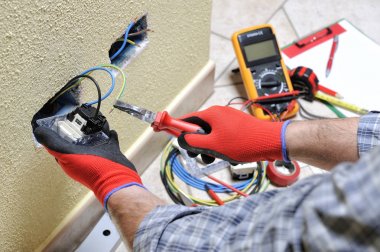 Elektrikçi Teknisyen konut elektrik sistemindeki güvenlik ekipmanları ile iş yerinde