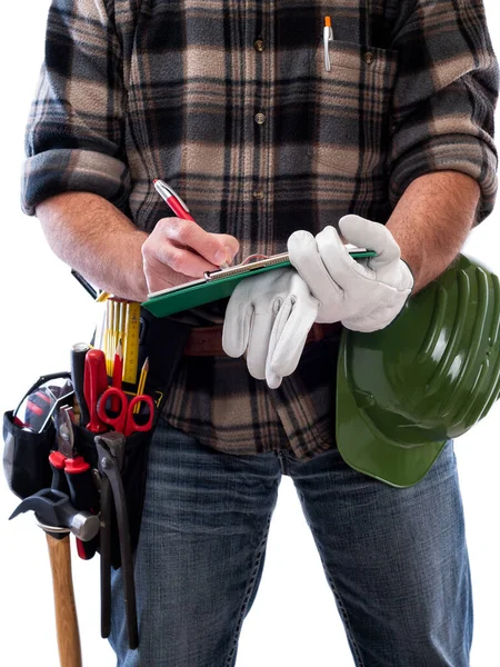 Carpinteiro com ferramentas de trabalho em um fundo branco. Carpintaria . — Fotografia de Stock