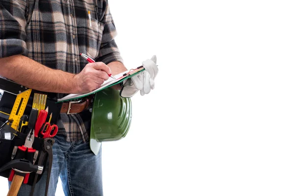 Carpinteiro com ferramentas de trabalho em um fundo branco. Carpintaria . — Fotografia de Stock