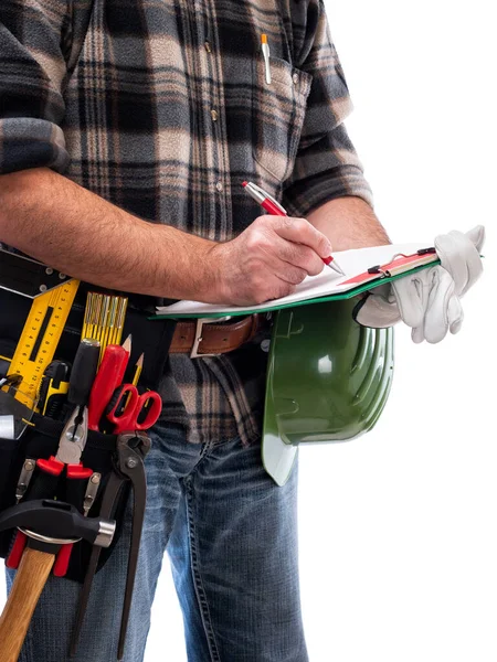 Carpenter with work tools on a white background. Carpentry. Royalty Free Stock Images