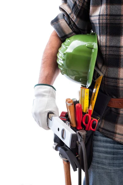 Carpintero con herramientas de trabajo sobre fondo blanco. Carpintería . — Foto de Stock