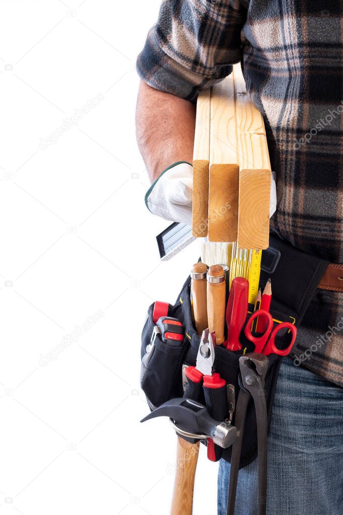 Carpenter with work tools on a white background. Carpentry.