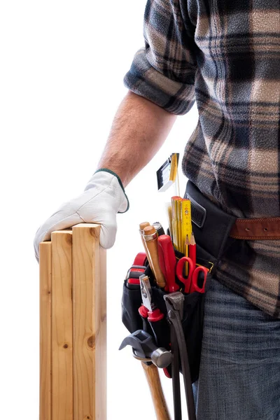 Carpenter with work tools on a white background. Carpentry. Royalty Free Stock Photos