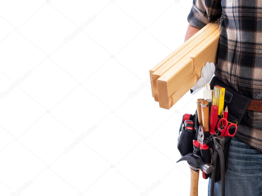 Carpenter with work tools on a white background. Carpentry.