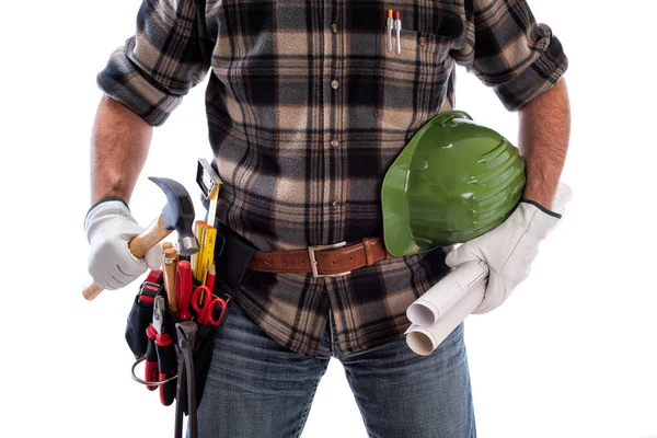 Carpenter with work tools on a white background. Carpentry. — Stock Photo, Image