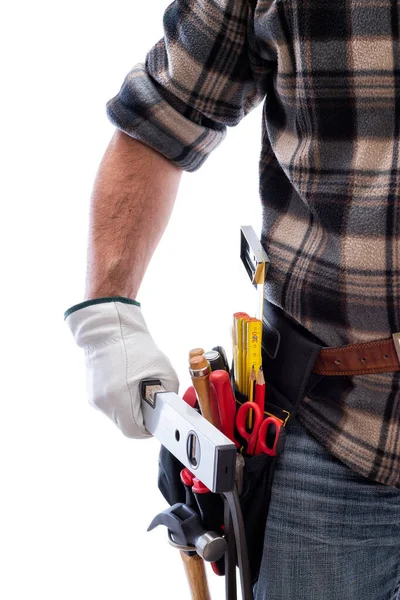 Carpintero con herramientas de trabajo sobre fondo blanco. Carpintería . — Foto de Stock