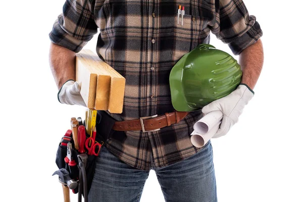Carpenter with work tools on a white background. Carpentry. — Stock Photo, Image