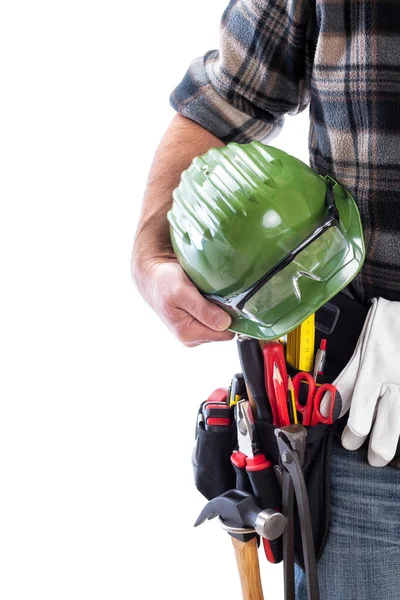 Beyaz arka planda iş aletleri olan bir marangoz. Marangozluk.