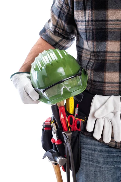 Tischler mit Arbeitswerkzeugen auf weißem Hintergrund. Tischlerei. — Stockfoto