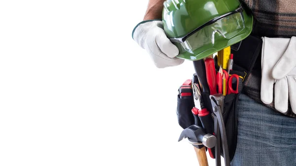 Carpintero con herramientas de trabajo sobre fondo blanco. Carpintería . — Foto de Stock