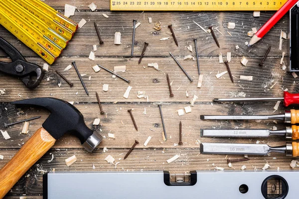 Herramientas de trabajo de Carpenter. Carpintería . —  Fotos de Stock