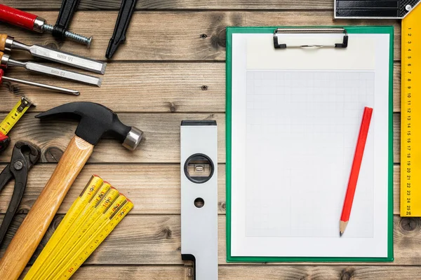 Work tools for carpenter and notepads. Carpentry. — 스톡 사진