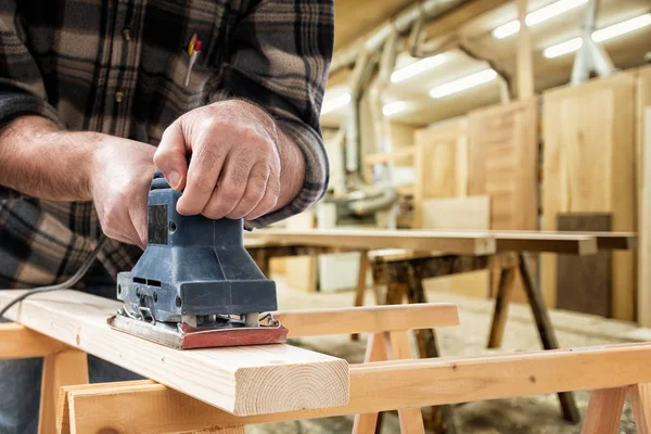 Carpenter at work on wooden boards. Carpentry. — 스톡 사진