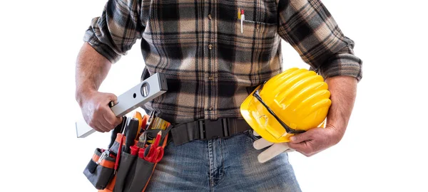 Elektricien Houdt Het Niveau Zijn Hand Helm Met Beschermende Bril — Stockfoto