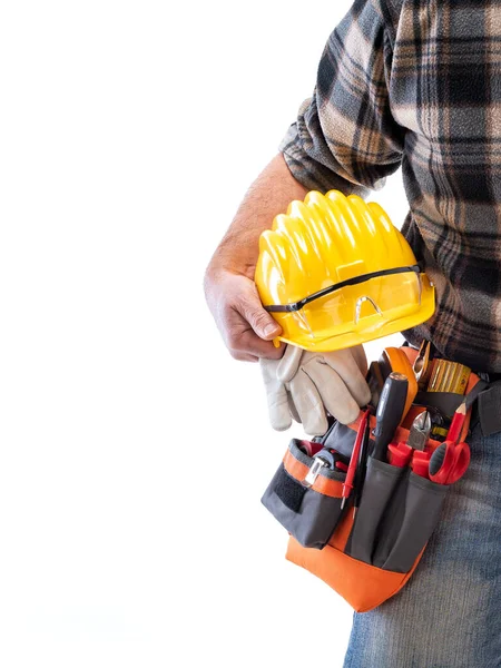 Tischler Hält Helm Und Schutzbrille Der Hand Bauindustrie Elektrik Isoliert — Stockfoto