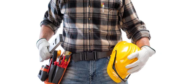 Electrician Holds Level His Hand Helmet Protective Goggles Construction Industry — Stock Photo, Image