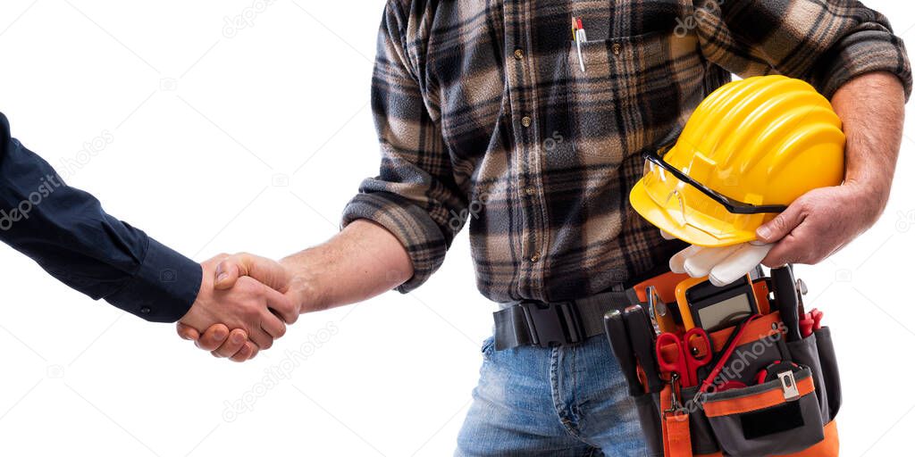 Close-up of a handshake of the electrician carpenter holding helmet and protective goggles in hand. Construction industry, electrical system. Isolated on a white background.