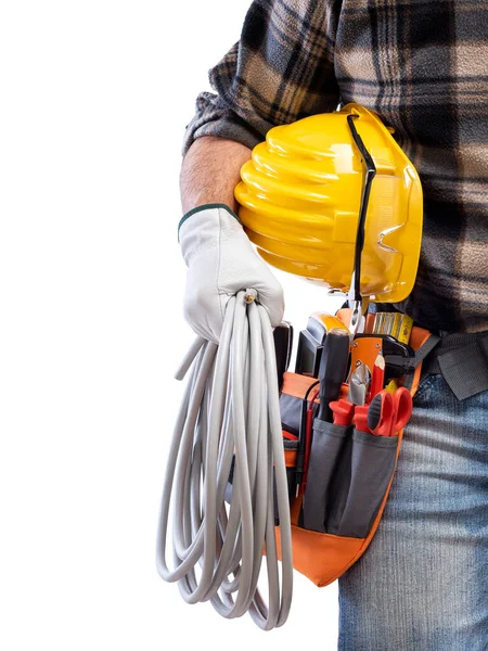 Electrician Holds Roll Electric Cable His Hand Helmet Protective Goggles — Stock Photo, Image