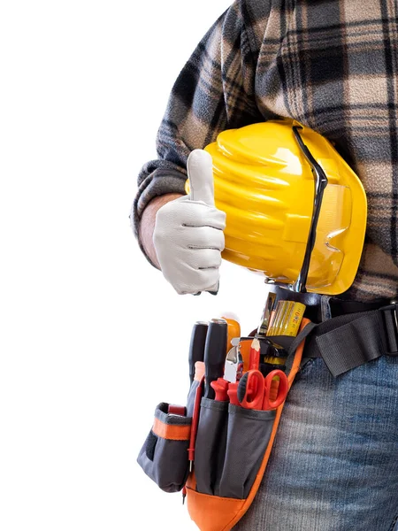 Electrician makes OK sign with thumb up, he wears protective gloves. Construction industry, electrical system. Isolated on a white background.