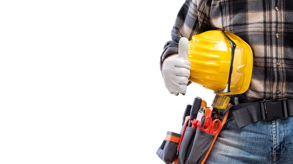 Electrician makes OK sign with thumb up, he wears protective gloves. Construction industry, electrical system. Isolated on a white background.