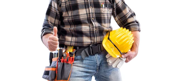 Electrician makes OK sign with thumb up. Construction industry, electrical system. Isolated on a white background.