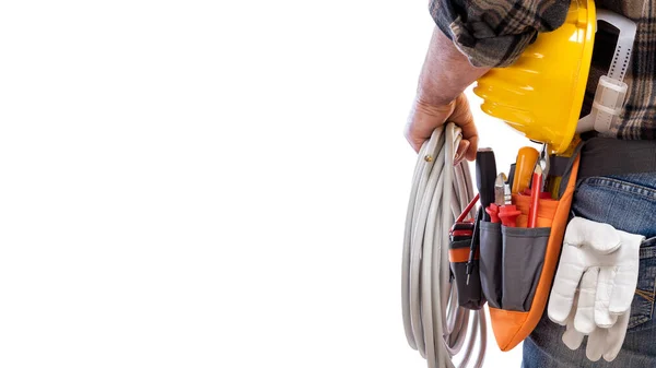 Vue Derrière Électricien Tient Rouleau Câble Électrique Dans Main Casque — Photo