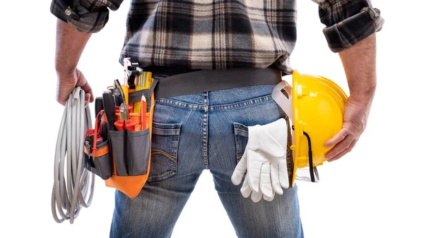 Vista Desde Atrás Electricista Sostiene Rollo Cable Eléctrico Mano Casco — Foto de Stock