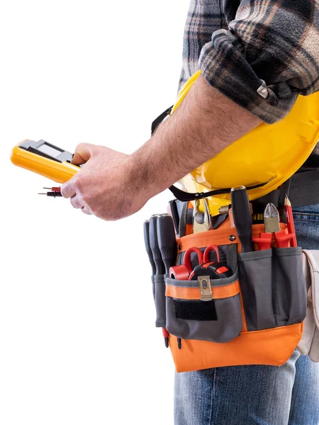 Elektricien Houdt Multimeter Tester Hand Helm Met Beschermende Bril Bouwnijverheid — Stockfoto