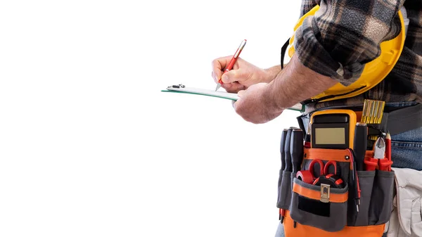 Timmerman Elektricien Houdt Helm Beschermende Bril Hand Schrijft Hij Het — Stockfoto