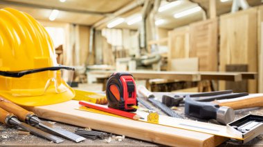 Yakın plan. Marangoz tezgahında marangozluk aletleri var. İnşaat endüstrisi, marangozluk atölyesi.