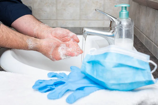 Coronavirus Prevention Hand Washing Hot Soapy Water Use Mask Gloves — Stock Photo, Image