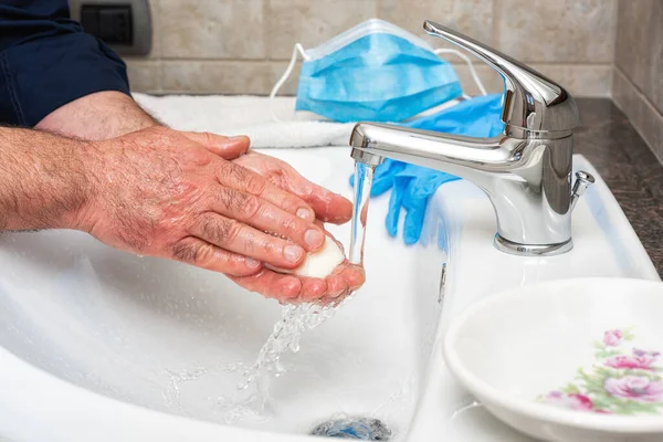 Coronaviruspreventie Met Hand Wassen Met Heet Zeepwater Het Gebruik Van — Stockfoto