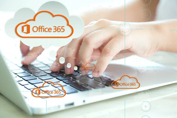 Office 365 Cloud Chat Mecanografía Mano Mapa Del Mundo Marketing — Foto de Stock