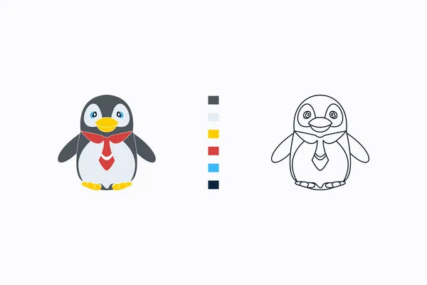 かわいいペンギンのキャラクターや子供のぬり絵に適した着色例のイラスト — ストックベクタ