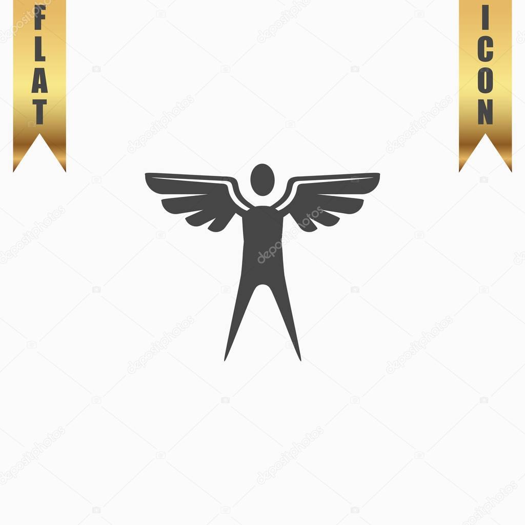 Winged man. Flat Icon. Vector illustration grey symbol on white background with gold ribbon
