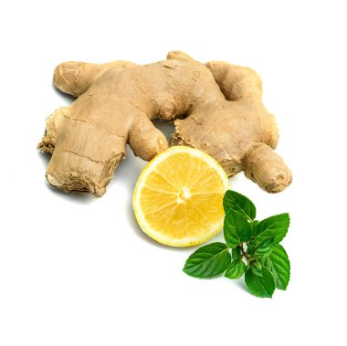 Zencefil limon ve beyaz zemin üzerine nane