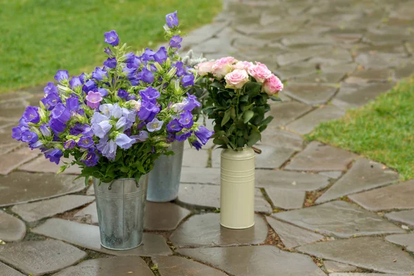 Hinkar och burkar med blommor. Blå klockor och rosa ros. — Stockfoto