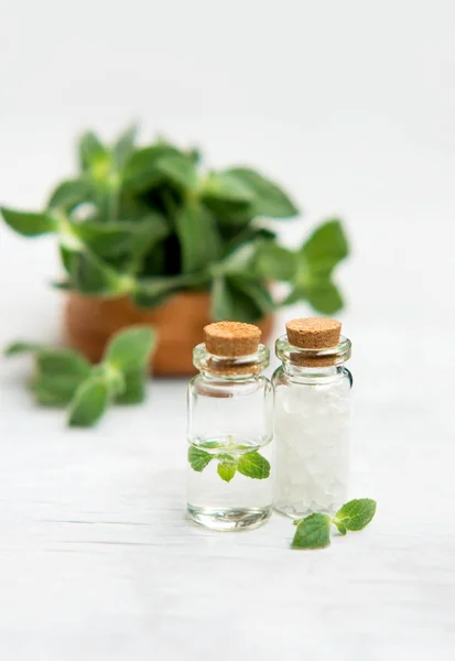 Spa and wellness setting with sea salt, oil essence, jasmin flow — Stock Photo, Image