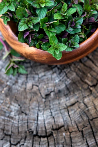 Mint in kleine mand op natuurlijke houten achtergrond, pepermunt, — Stockfoto