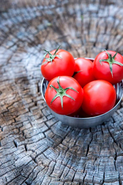 Steel bowl with fresh tomatoes on wooden tabletop. Outdoor, in t — Stock Photo, Image