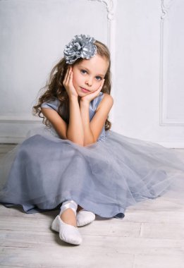 Gri elbise ve pointe ayakkabı güzel kız odaya poz