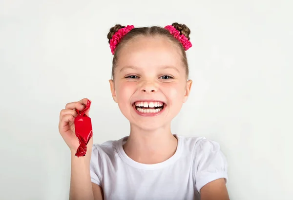 Happy Little Girl Candy Hand Facial Expression — Stock Photo, Image