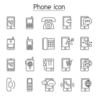 Telefon, telefon, akıllı telefon simgeleri ince çizgi biçiminde ayarlandı